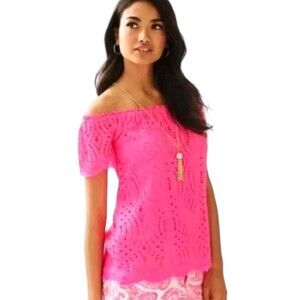Lilly Pulitzer Marble Off The Shoulder Top In Kir Royal Pink Knotty Lace Sz L